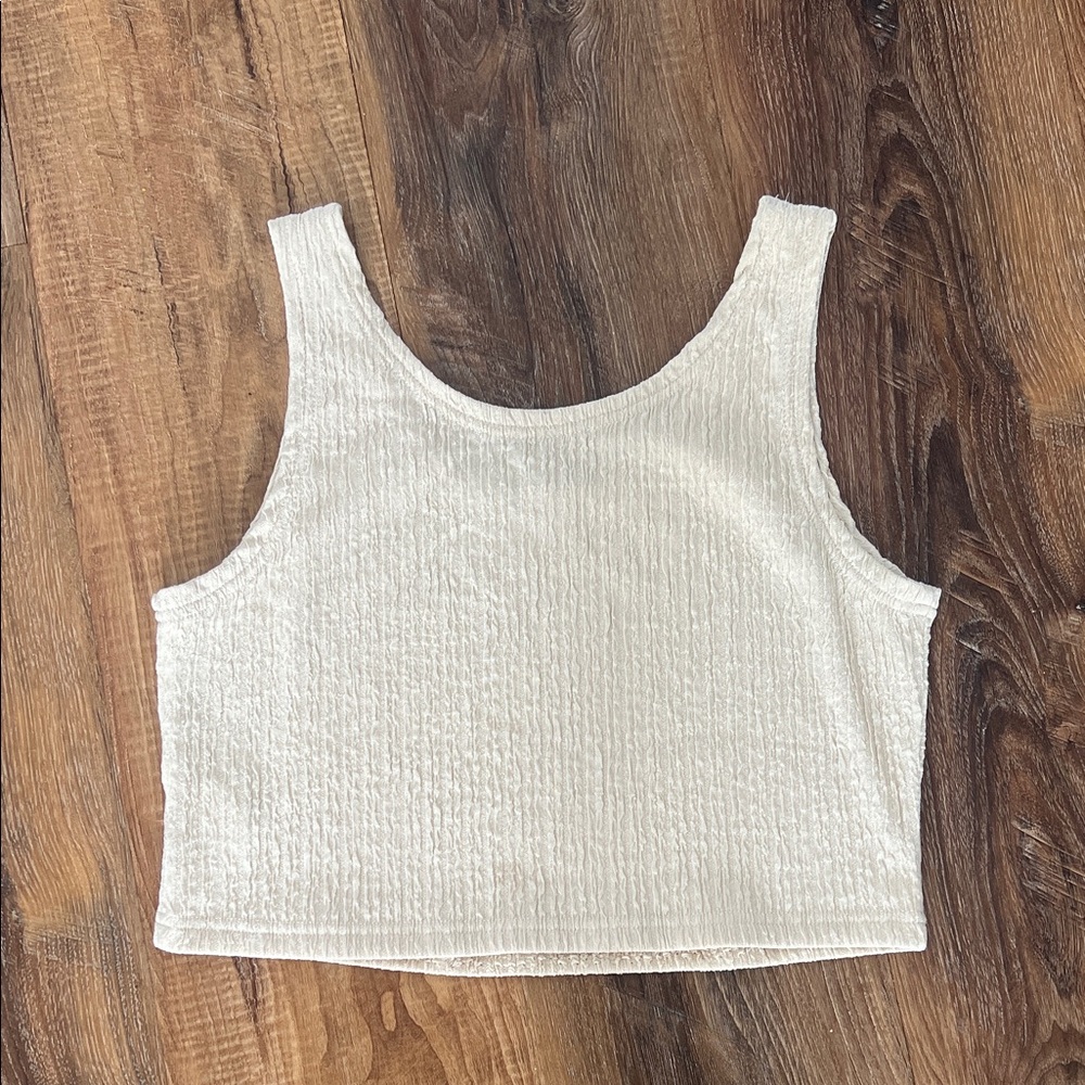 Women's White Textured Crop Tank Top ( Cream Colour )